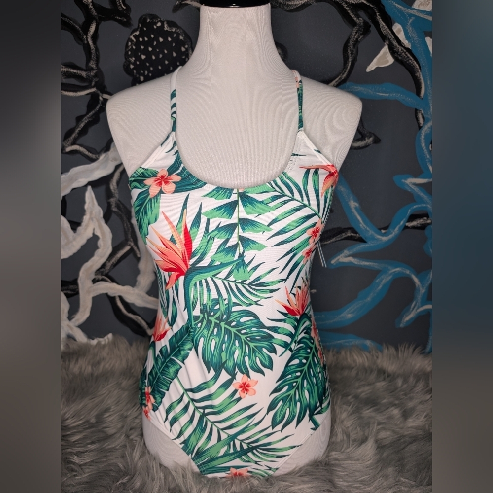 NWT Tropical Floral Womens One Piece Swimsuit Large
